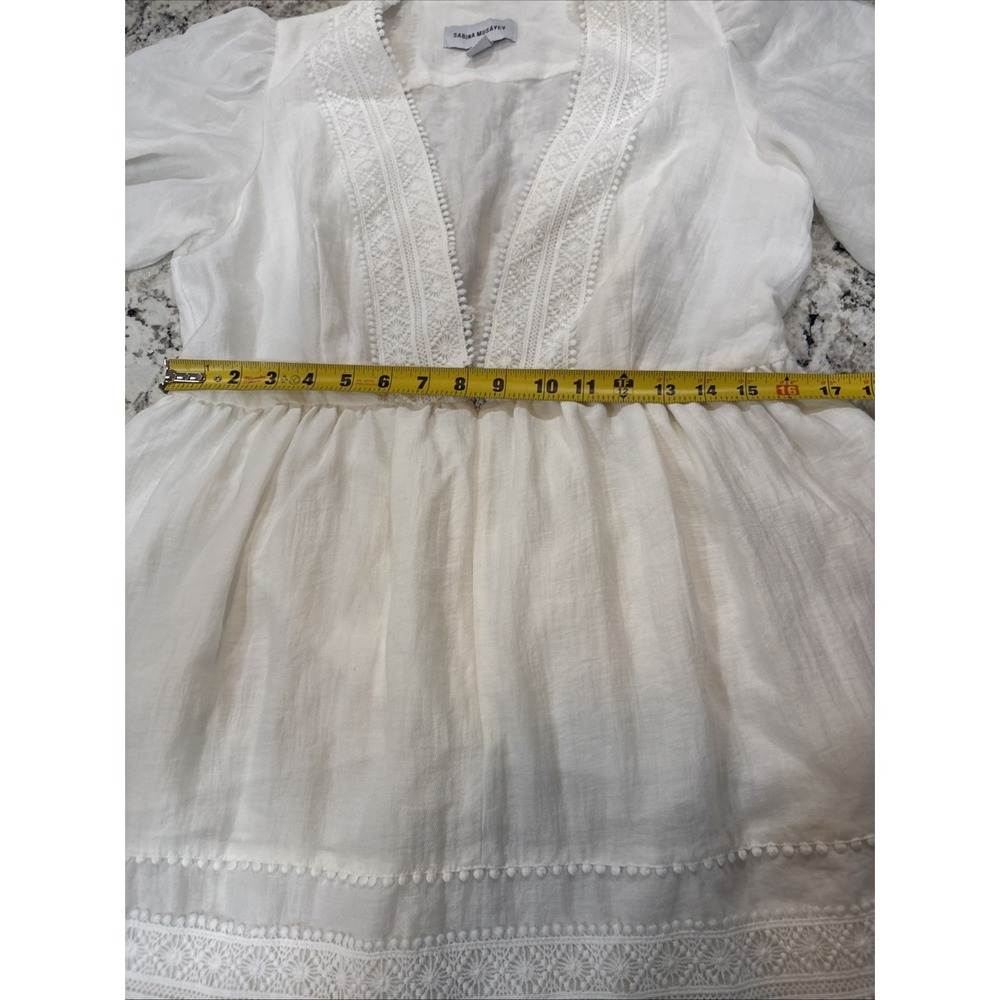 Sabina Musayev White Pom-Pom Crochet Trim Ruffle Tiered Mini Dress V-Neck Size L - Picture 10 of 16